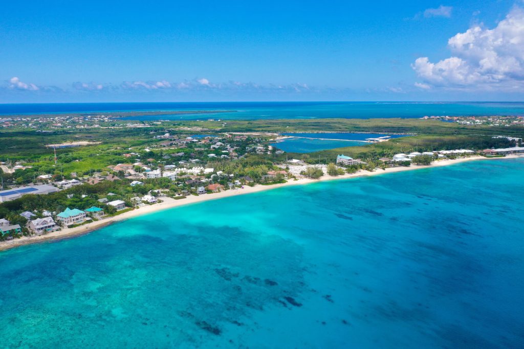 Birds eye view of the shore of Rum Point in the Cayman Islands.